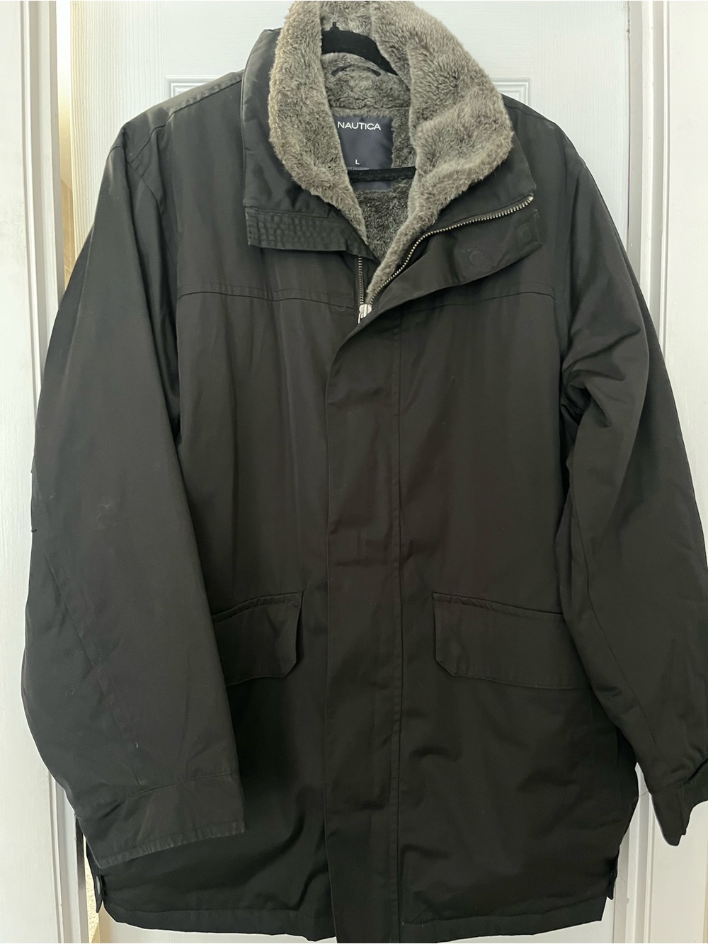 Nautica Black Men’s Winter Puffer Coat with Gray Faux Fur Lining